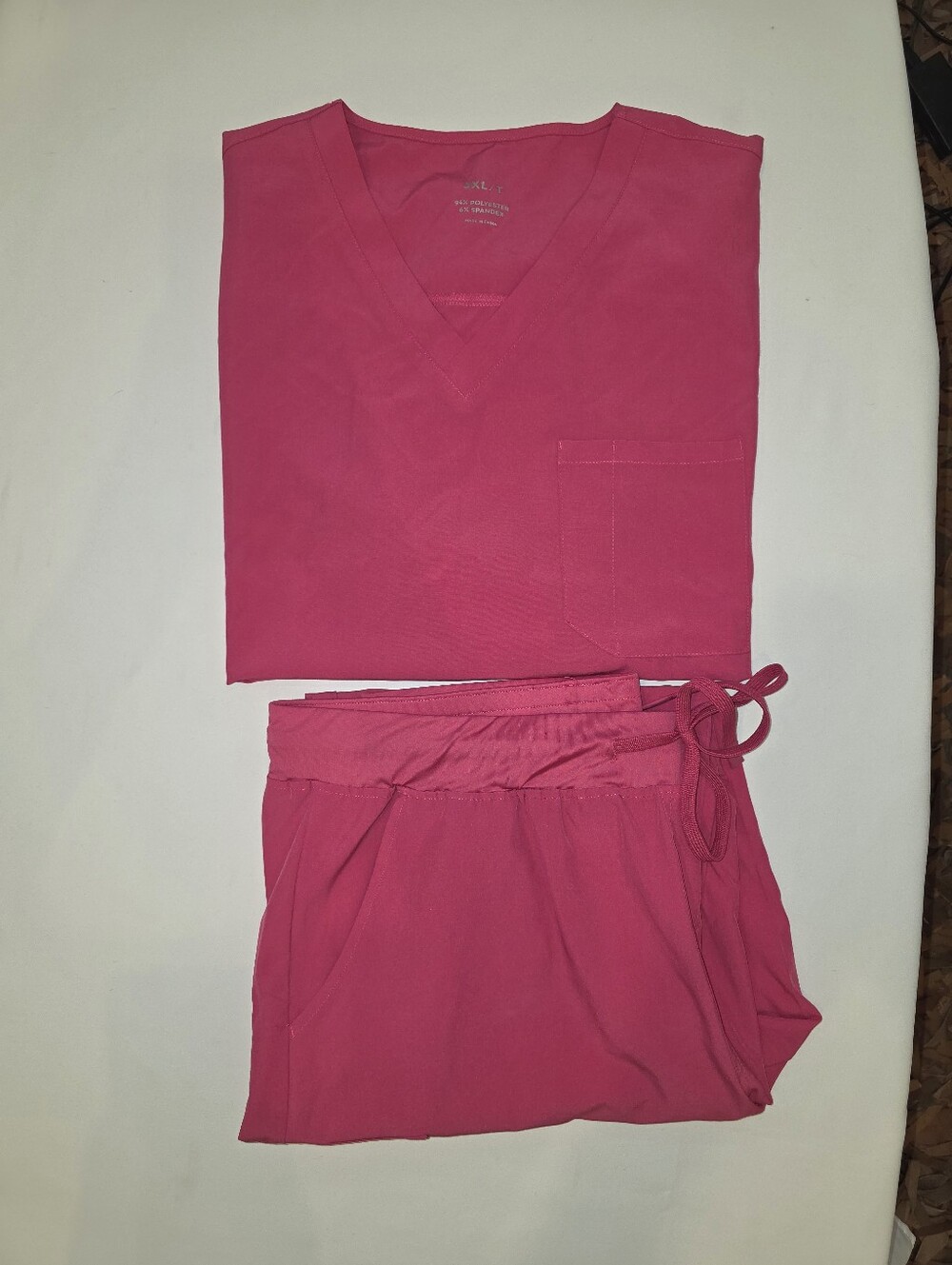 Mens V-Neck Scrub Top and Drawstring Pants - Hot Pink